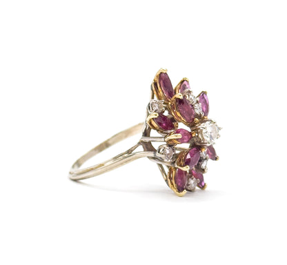 Mid-Century Marquise Ruby & Diamond Cocktail Ring in 14K Gold