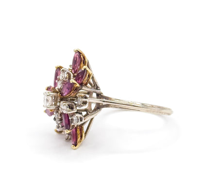 Mid-Century Marquise Ruby & Diamond Cocktail Ring in 14K Gold