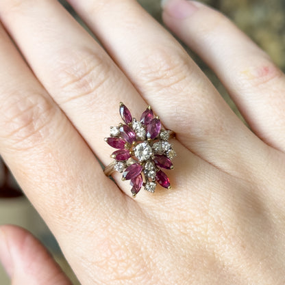 Mid-Century Marquise Ruby & Diamond Cocktail Ring in 14K Gold