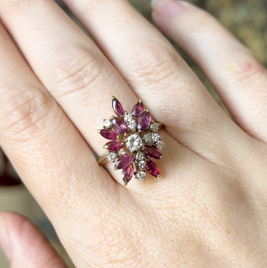 Mid-Century Marquise Ruby & Diamond Cocktail Ring in 14K Gold