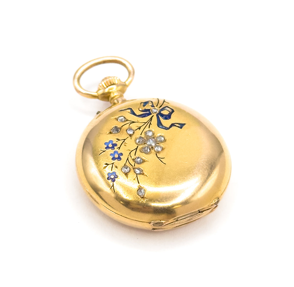 Edwardian J. Laforge Milan Watch Locket With Enamel Bow And Rose Cut Diamonds in Gold