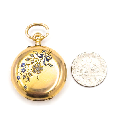 Edwardian J. Laforge Milan Watch Locket With Enamel Bow And Rose Cut Diamonds in Gold