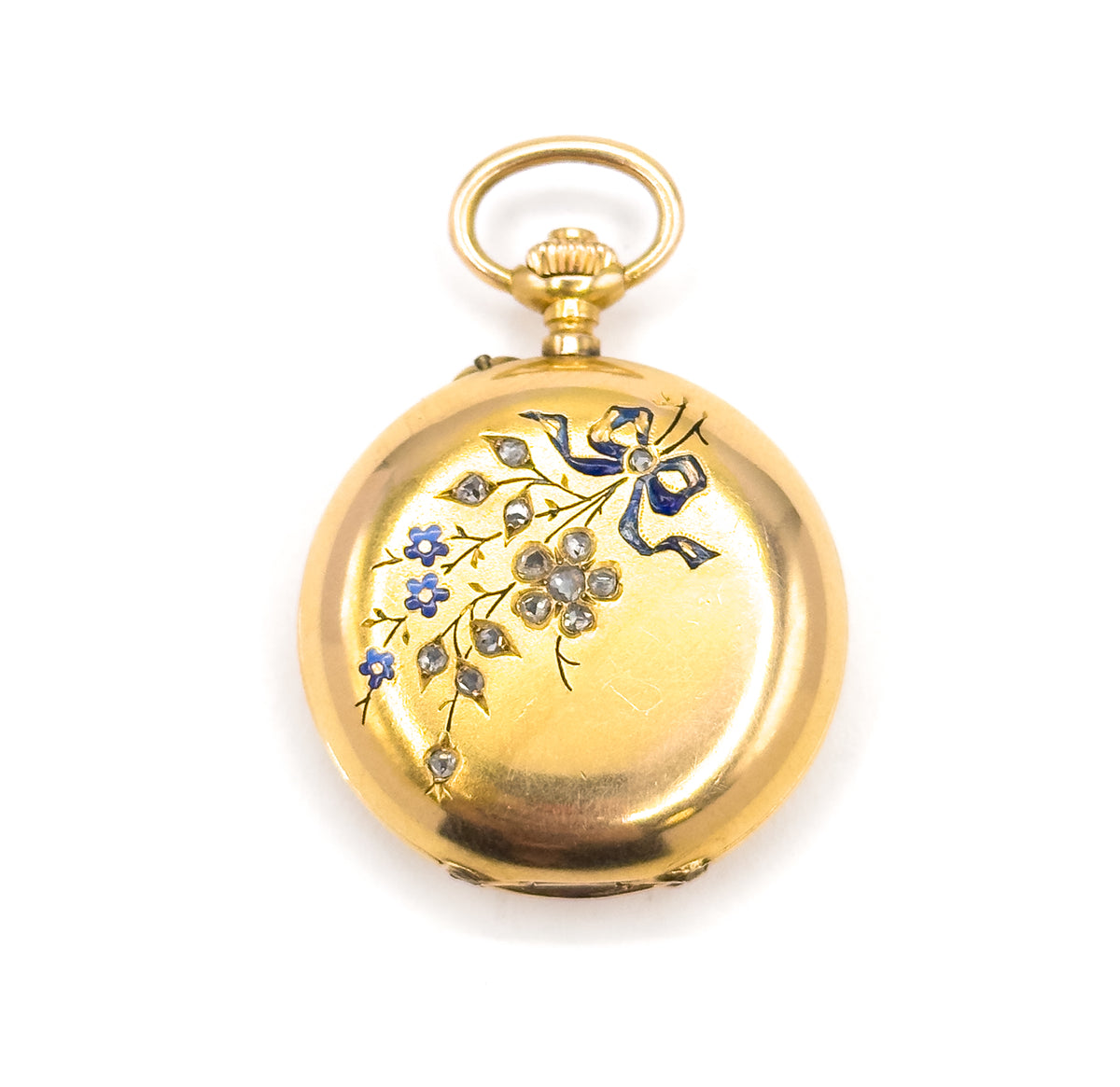 Edwardian J. Laforge Milan Watch Locket With Enamel Bow And Rose Cut Diamonds in Gold