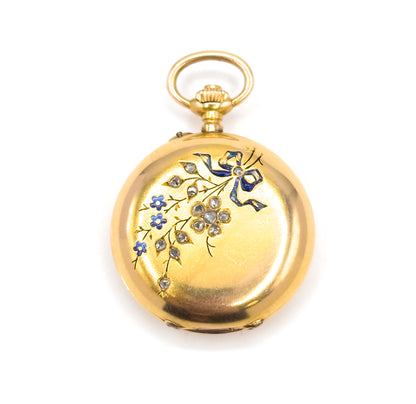 Edwardian J. Laforge Milan Watch Locket With Enamel Bow And Rose Cut Diamonds in Gold
