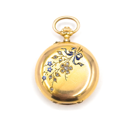Edwardian J. Laforge Milan Watch Locket With Enamel Bow And Rose Cut Diamonds in Gold
