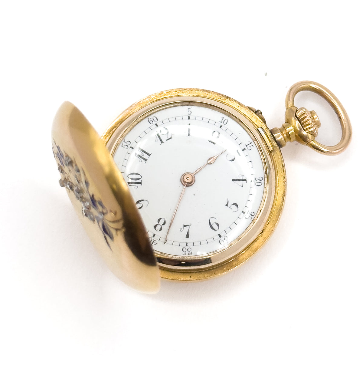 Edwardian J. Laforge Milan Watch Locket With Enamel Bow And Rose Cut Diamonds in Gold