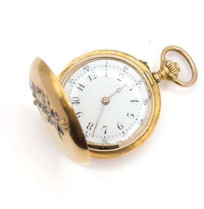 Edwardian J. Laforge Milan Watch Locket With Enamel Bow And Rose Cut Diamonds in Gold