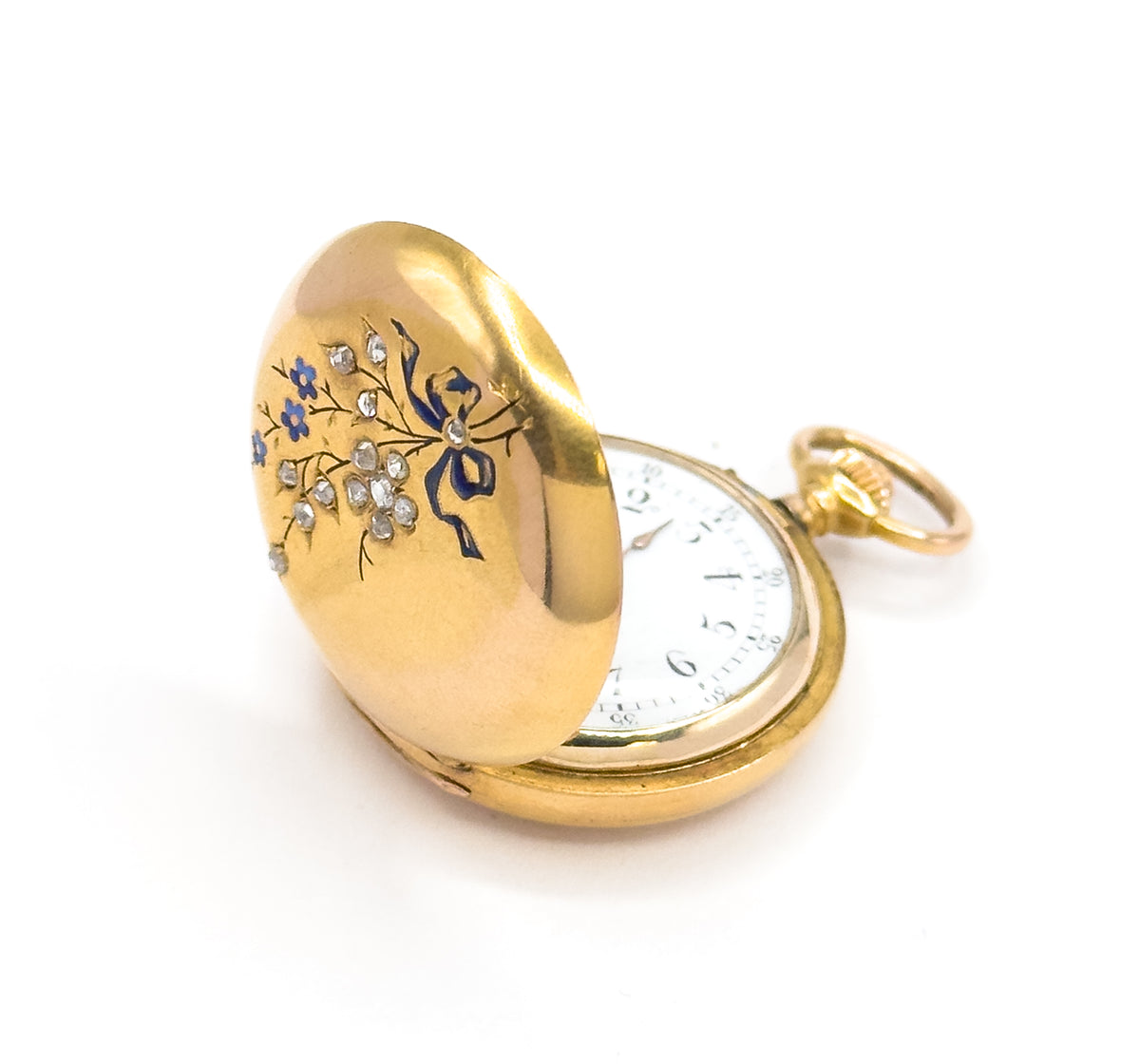 Edwardian J. Laforge Milan Watch Locket With Enamel Bow And Rose Cut Diamonds in Gold