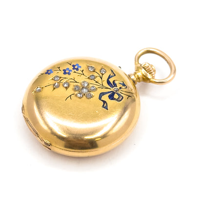 Edwardian J. Laforge Milan Watch Locket With Enamel Bow And Rose Cut Diamonds in Gold