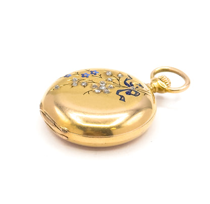Edwardian J. Laforge Milan Watch Locket With Enamel Bow And Rose Cut Diamonds in Gold