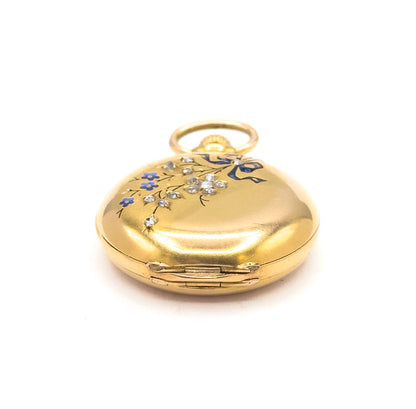 Edwardian J. Laforge Milan Watch Locket With Enamel Bow And Rose Cut Diamonds in Gold
