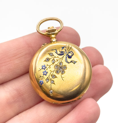 Edwardian J. Laforge Milan Watch Locket With Enamel Bow And Rose Cut Diamonds in Gold