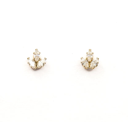 Contemporary Cubic Zirconia Three Petal Stud Earrings in 14K Yellow Gold