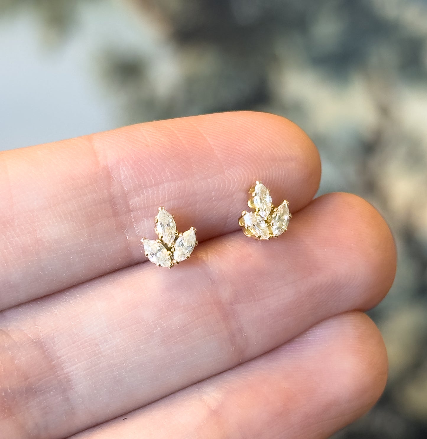 Contemporary Cubic Zirconia Three Petal Stud Earrings in 14K Yellow Gold