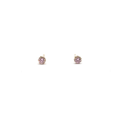 The pair stands upright side by side on a white ground, face-on so each round pink glass stone and its ring of prongs is seen straight from the front.