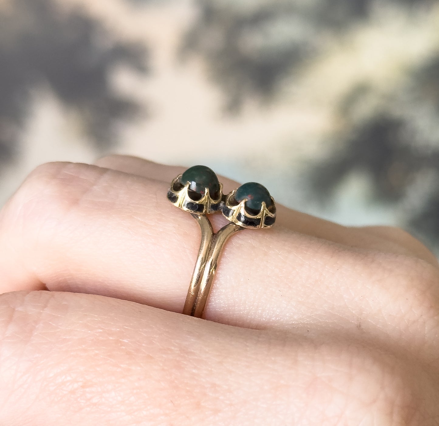 Antique Bloodstone Moi et Toi Ring with Enamel Details in 10K Gold