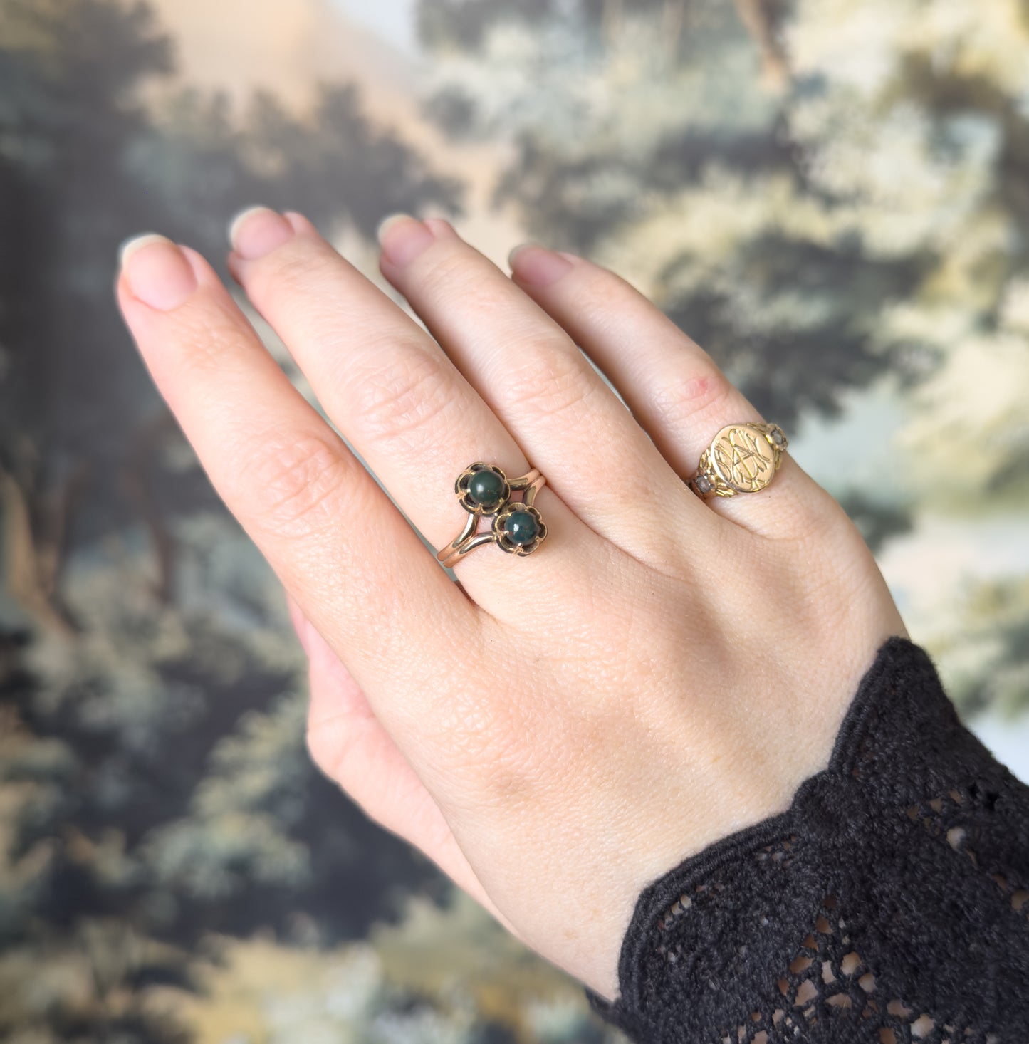 Antique Bloodstone Moi et Toi Ring with Enamel Details in 10K Gold