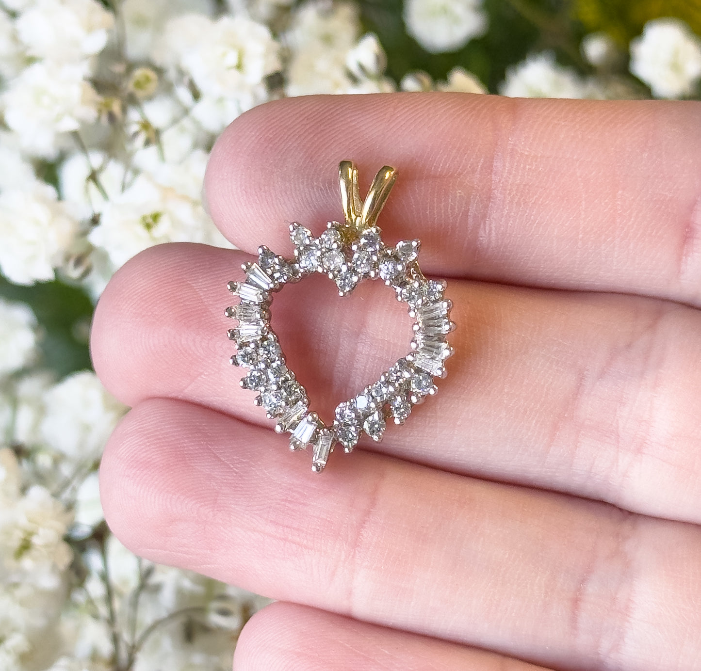 Vintage Baguette & Round Diamond Heart Pendant in 14K Two-Tone Gold