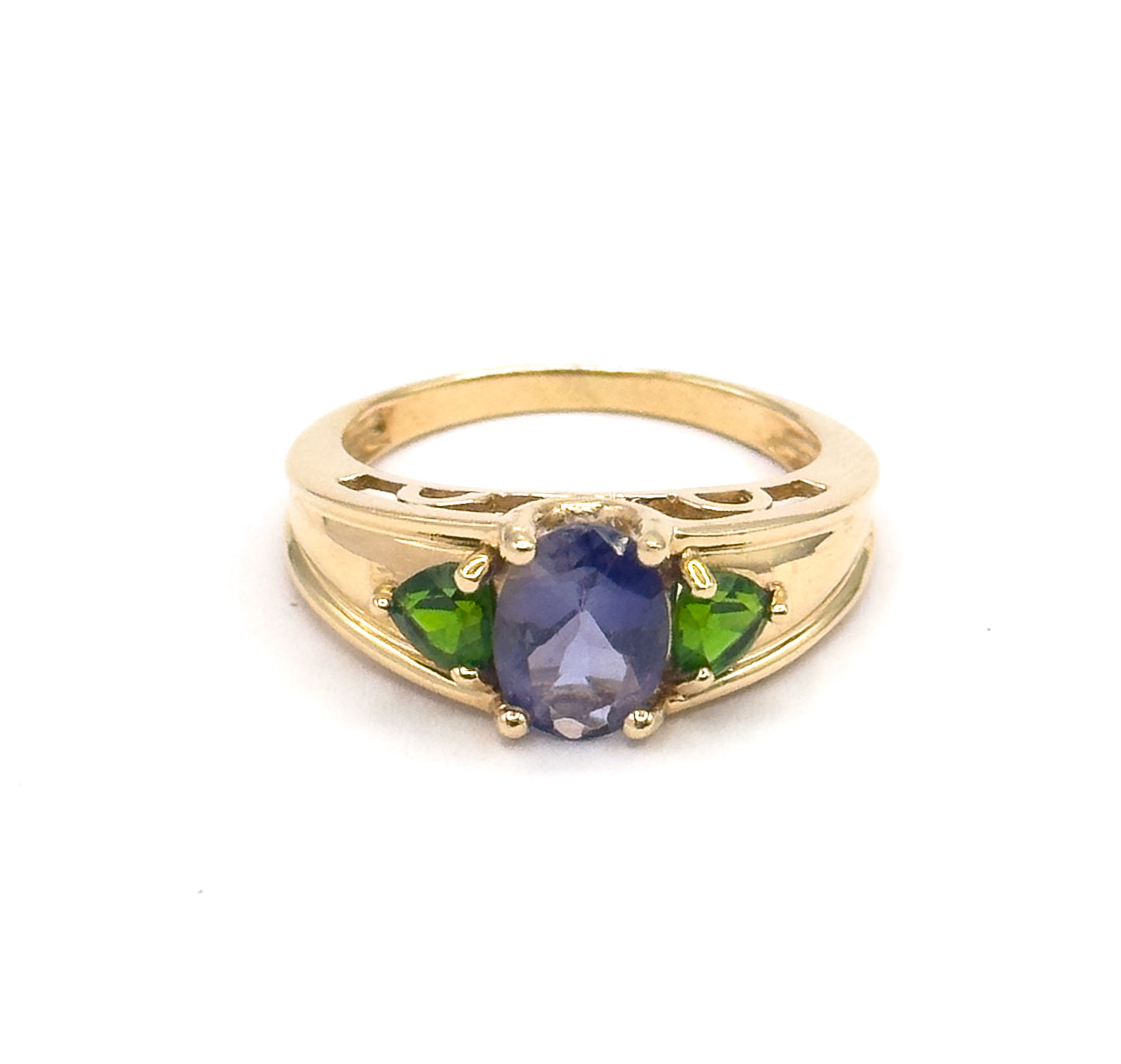 Late 20th Century Iolite & Green Tourmaline Ring in 14K Yellow Gold