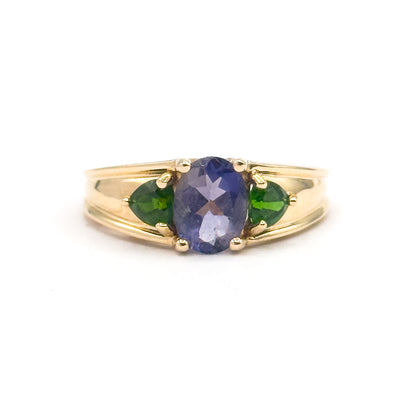 Late 20th Century Iolite & Green Tourmaline Ring in 14K Yellow Gold