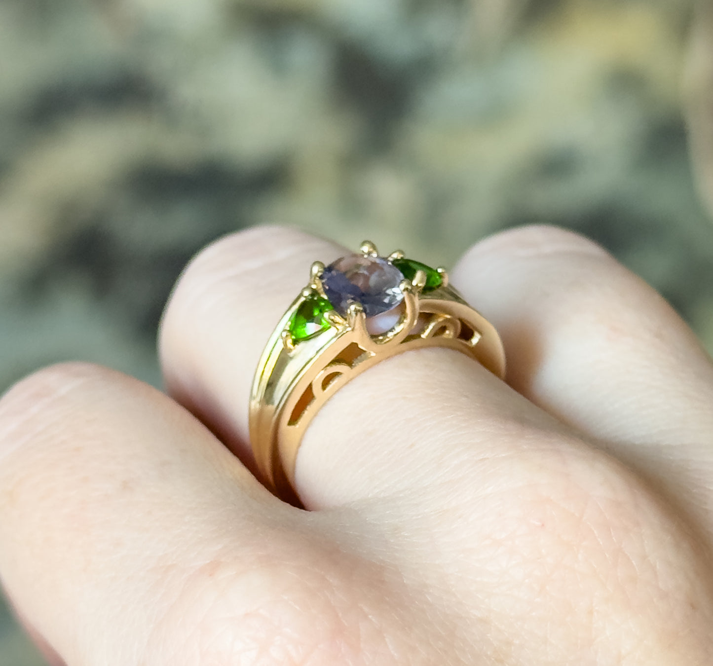Late 20th Century Iolite & Green Tourmaline Ring in 14K Yellow Gold