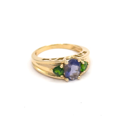 Late 20th Century Iolite & Green Tourmaline Ring in 14K Yellow Gold