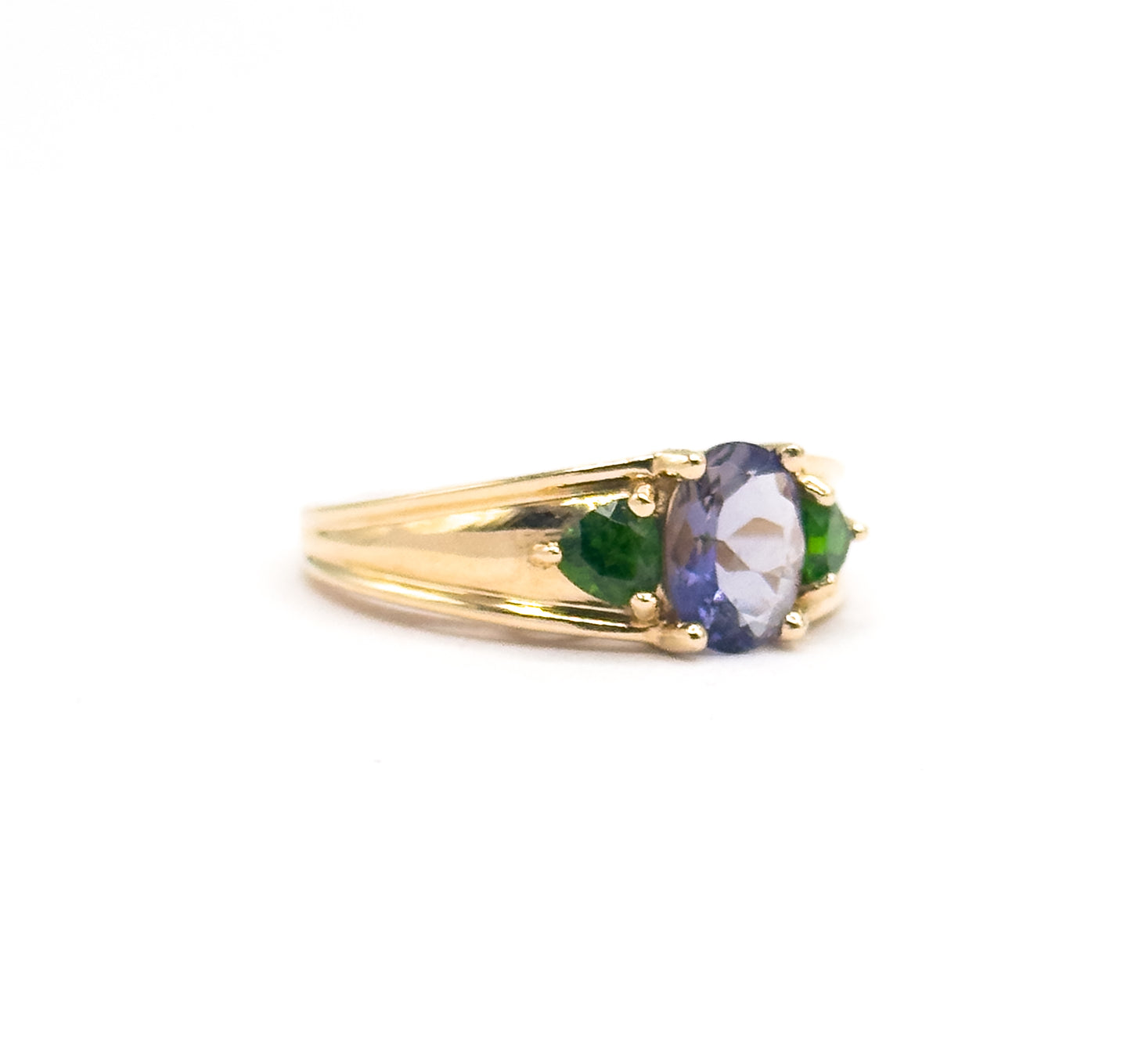 Late 20th Century Iolite & Green Tourmaline Ring in 14K Yellow Gold