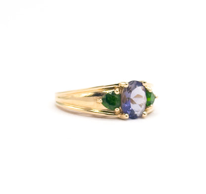 Late 20th Century Iolite & Green Tourmaline Ring in 14K Yellow Gold