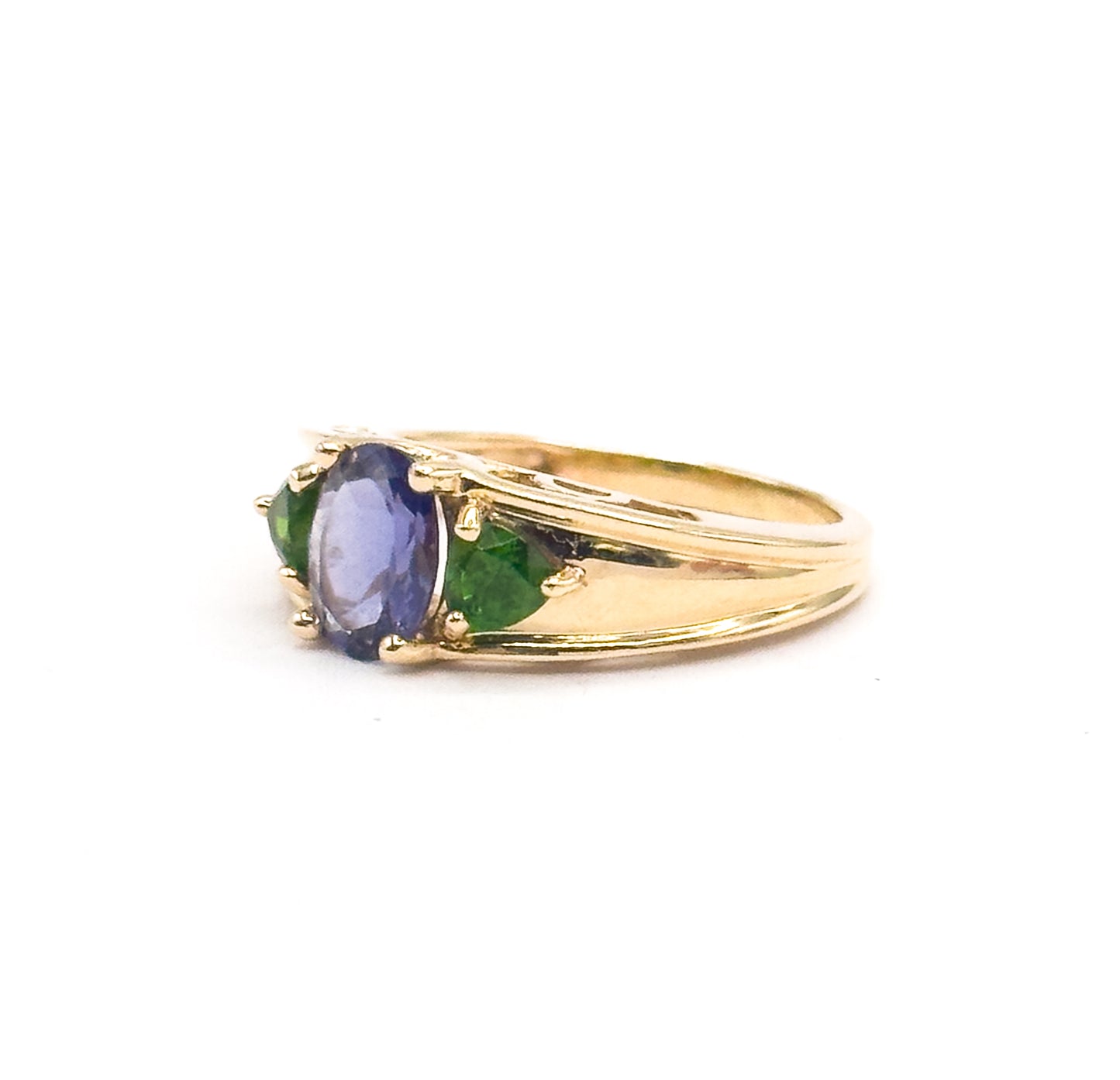 Late 20th Century Iolite & Green Tourmaline Ring in 14K Yellow Gold