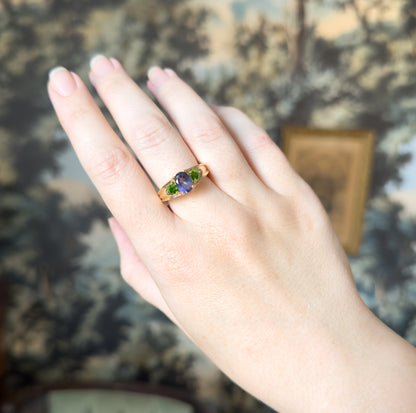Late 20th Century Iolite & Green Tourmaline Ring in 14K Yellow Gold