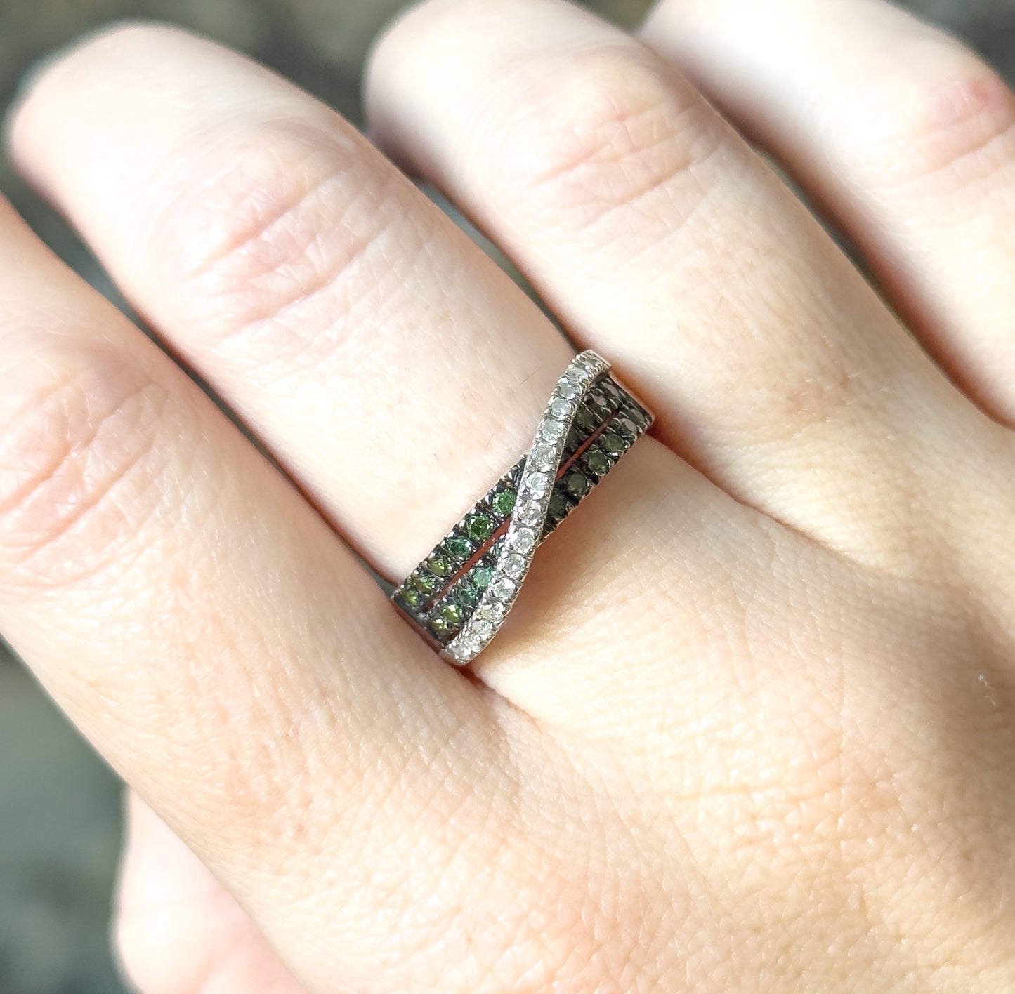 Modern Green & White Diamond Crossover Ring in 14K White Gold
