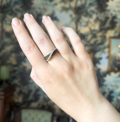 Modern Green & White Diamond Crossover Ring in 14K White Gold