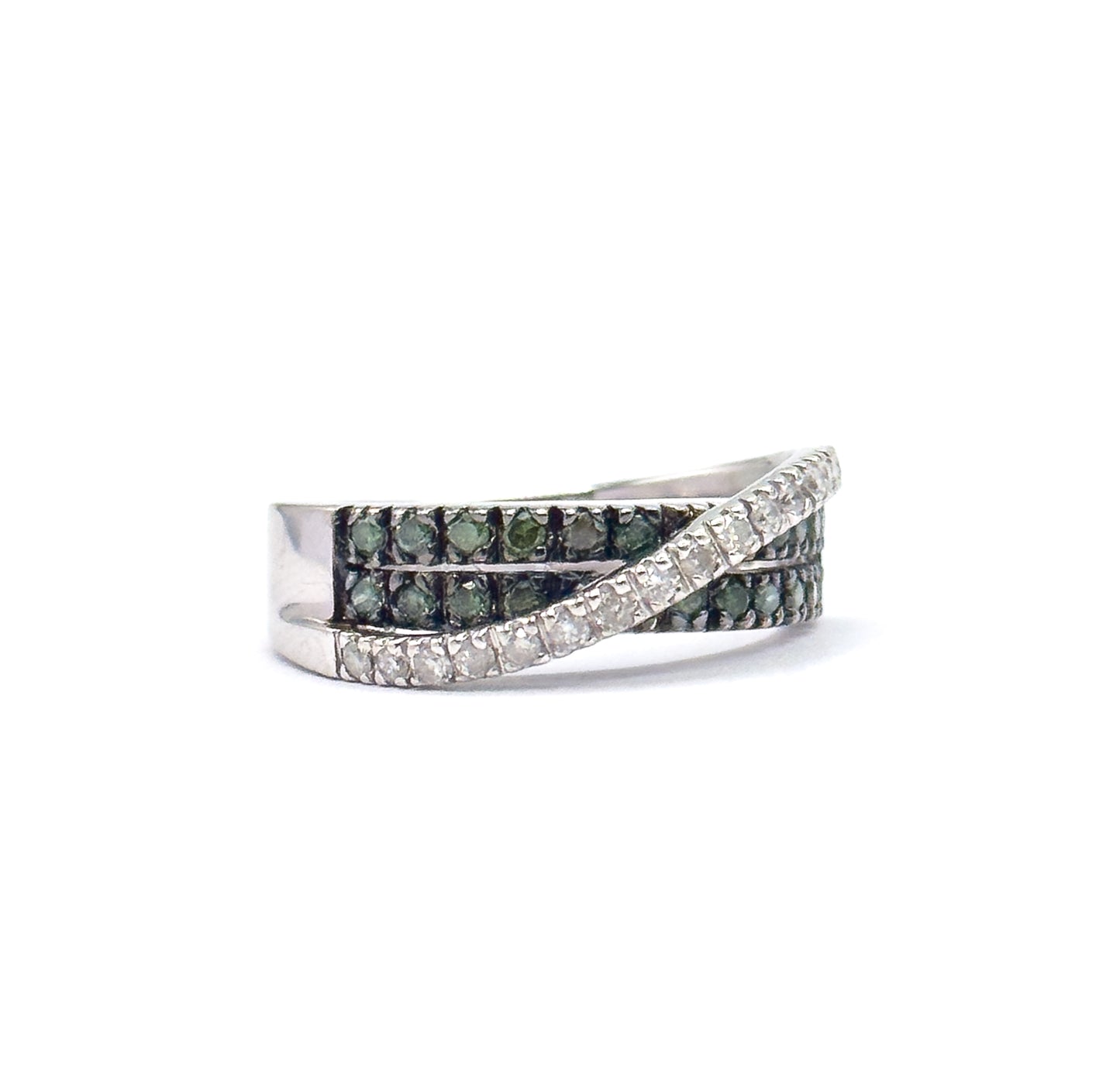 Modern Green & White Diamond Crossover Ring in 14K White Gold