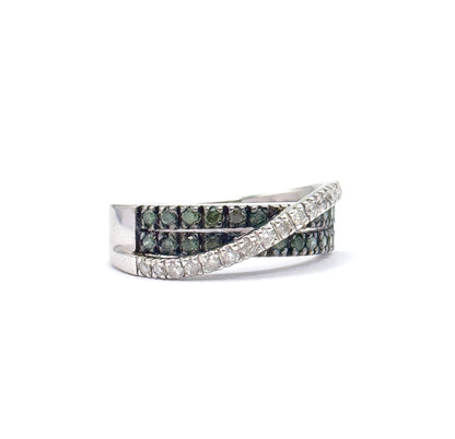 Modern Green & White Diamond Crossover Ring in 14K White Gold