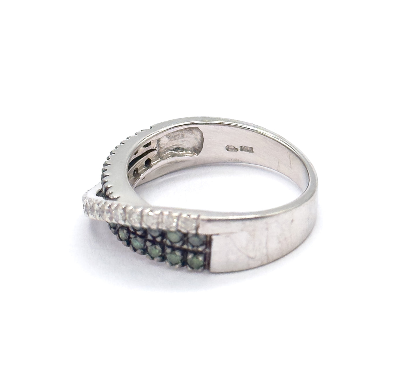 Modern Green & White Diamond Crossover Ring in 14K White Gold