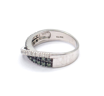 Modern Green & White Diamond Crossover Ring in 14K White Gold