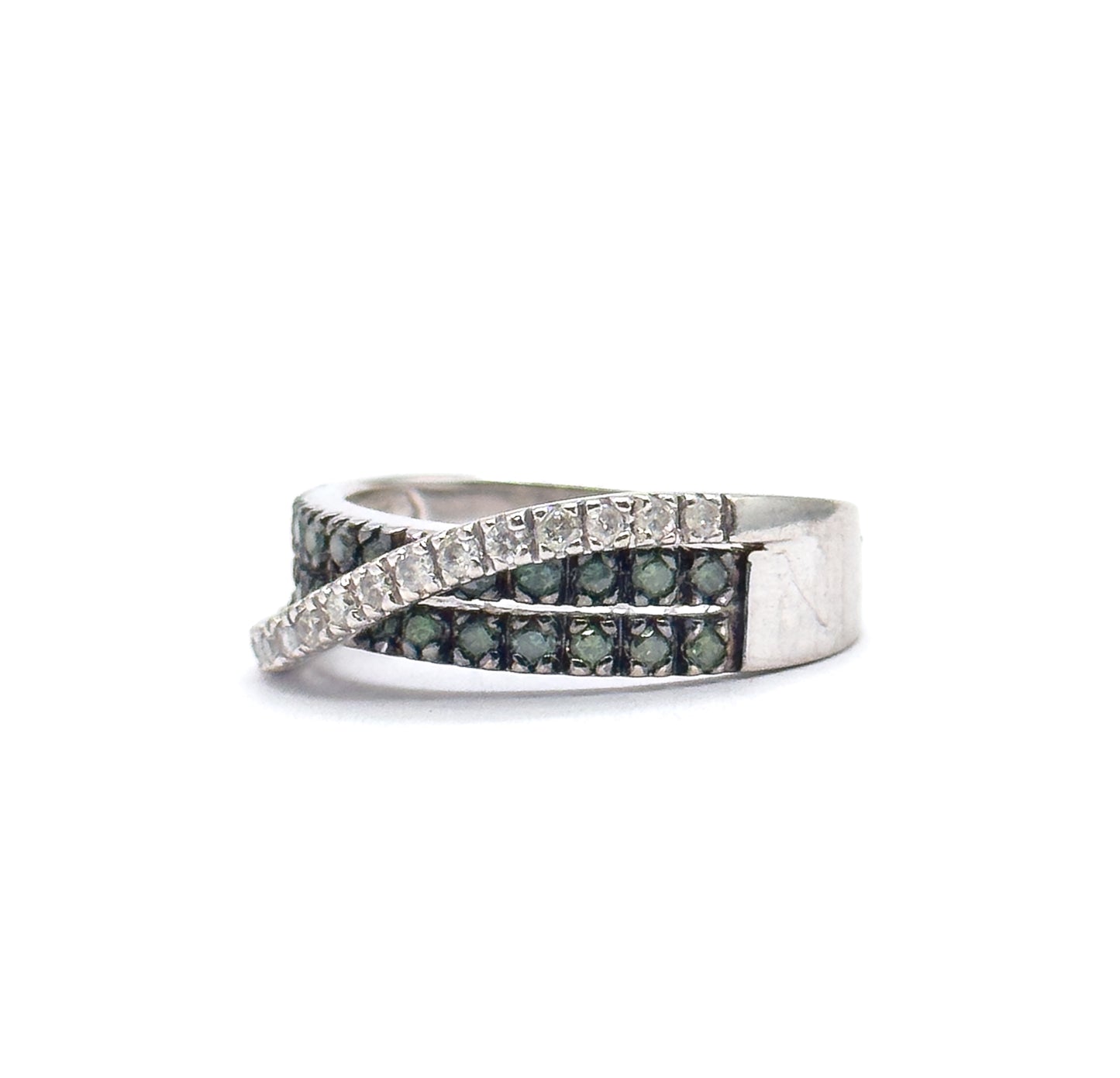 Modern Green & White Diamond Crossover Ring in 14K White Gold