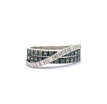 Modern Green & White Diamond Crossover Ring in 14K White Gold