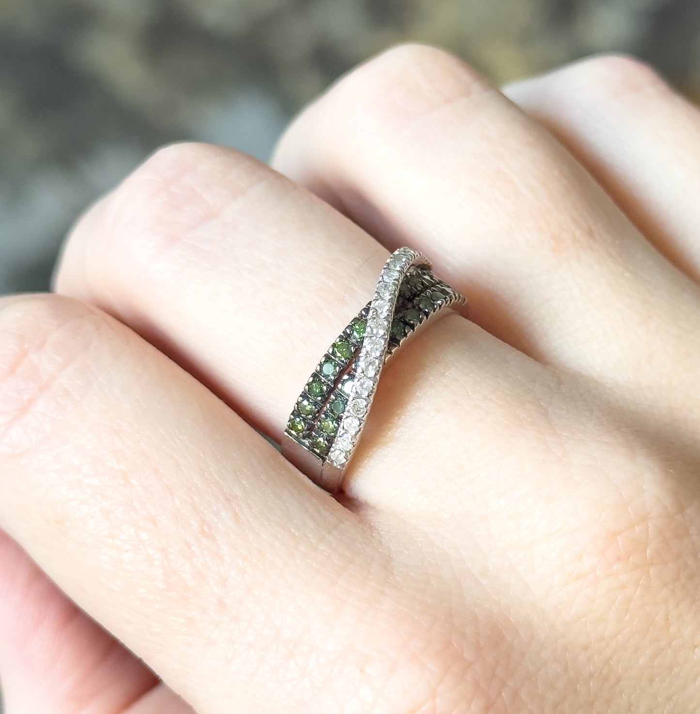 Modern Green & White Diamond Crossover Ring in 14K White Gold