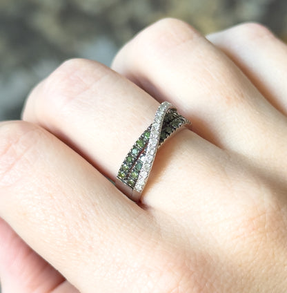 Modern Green & White Diamond Crossover Ring in 14K White Gold