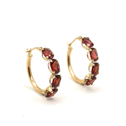 Vintage Garnet Hoop Earrings in 14K Yellow Gold