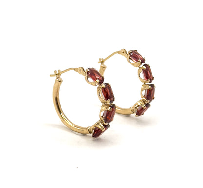 Vintage Garnet Hoop Earrings in 14K Yellow Gold