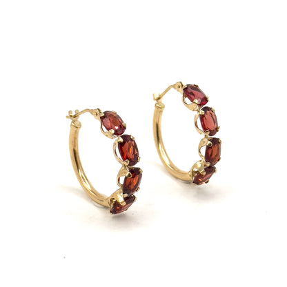 Vintage Garnet Hoop Earrings in 14K Yellow Gold