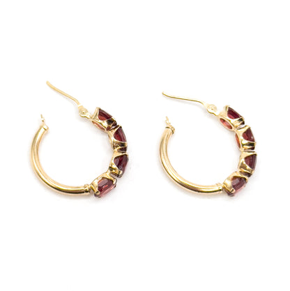 Vintage Garnet Hoop Earrings in 14K Yellow Gold