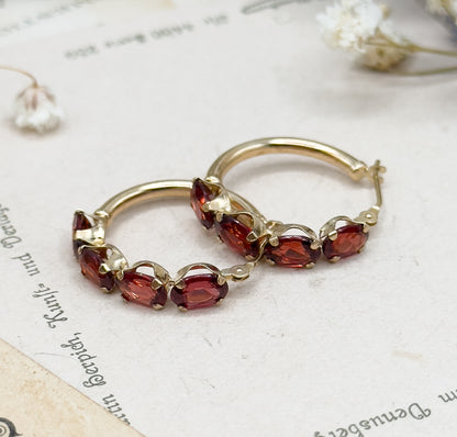 Vintage Garnet Hoop Earrings in 14K Yellow Gold
