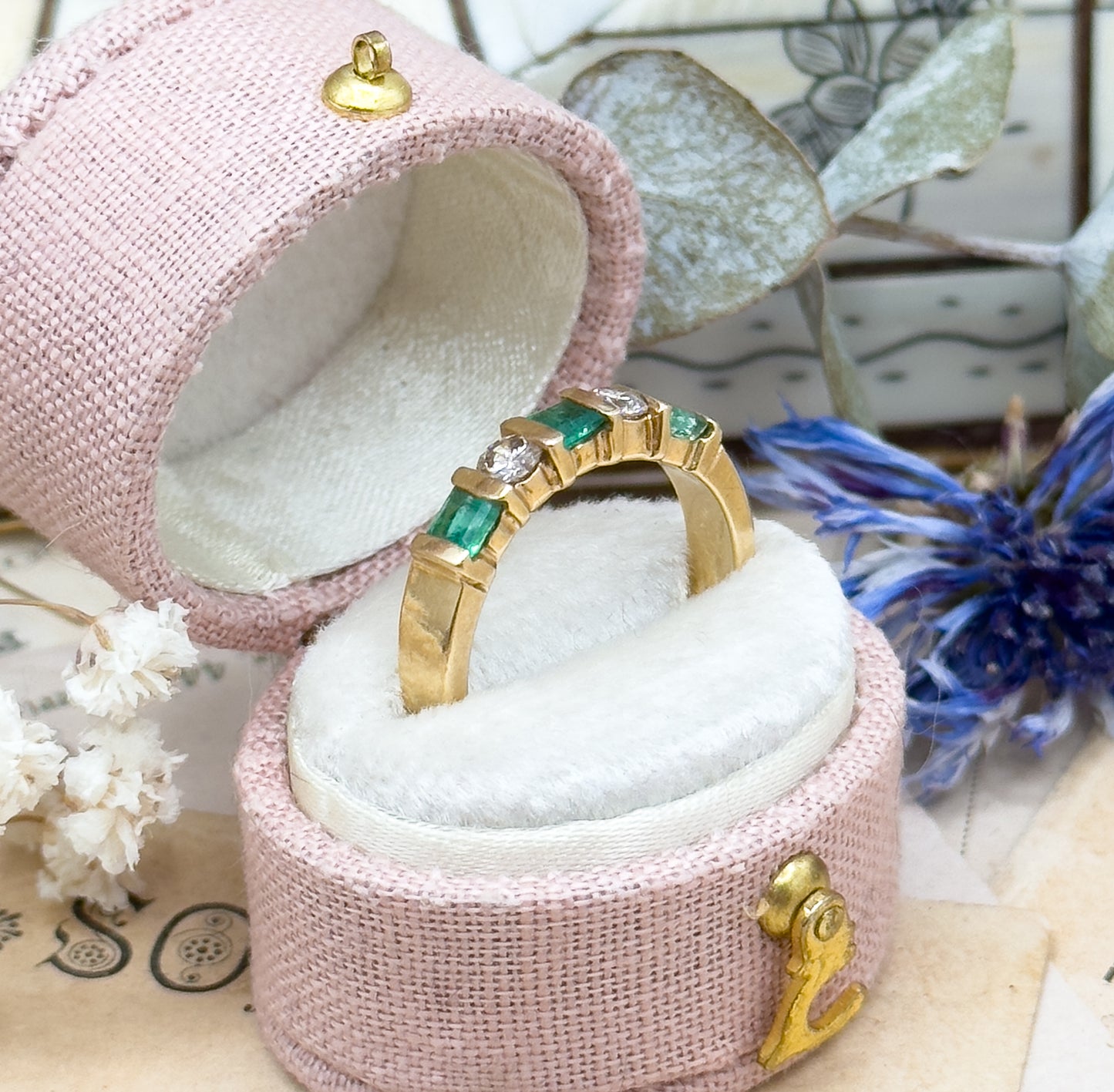 Vintage Princess Cut Emerald & Diamond Band Ring in 14K Yellow Gold