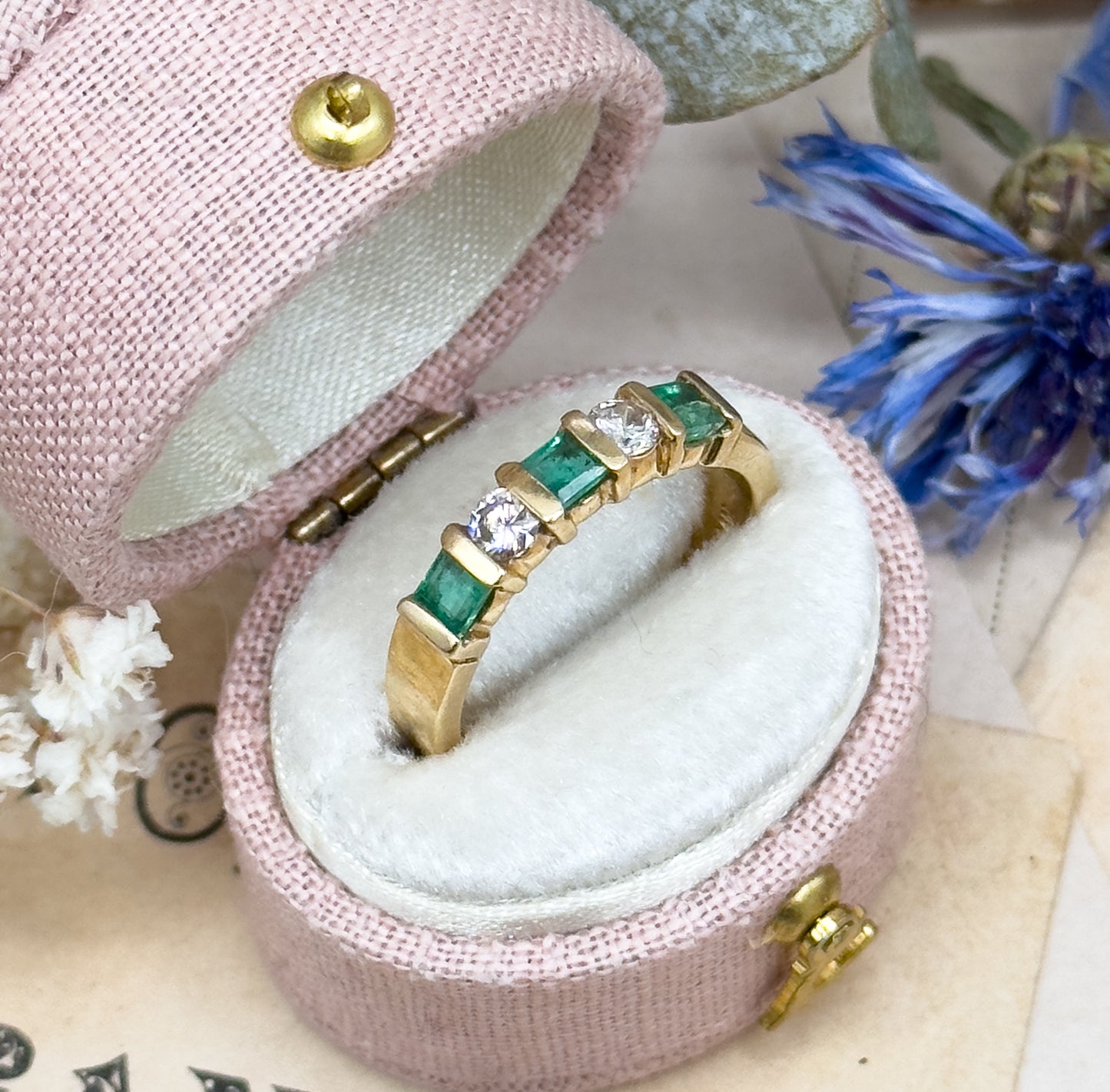 Vintage Princess Cut Emerald & Diamond Band Ring in 14K Yellow Gold