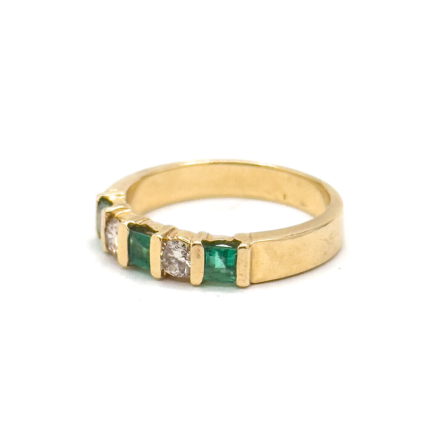 Vintage Princess Cut Emerald & Diamond Band Ring in 14K Yellow Gold