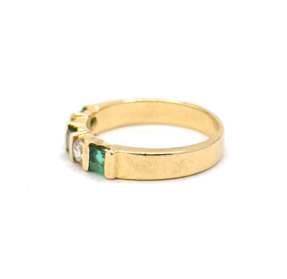 Vintage Princess Cut Emerald & Diamond Band Ring in 14K Yellow Gold