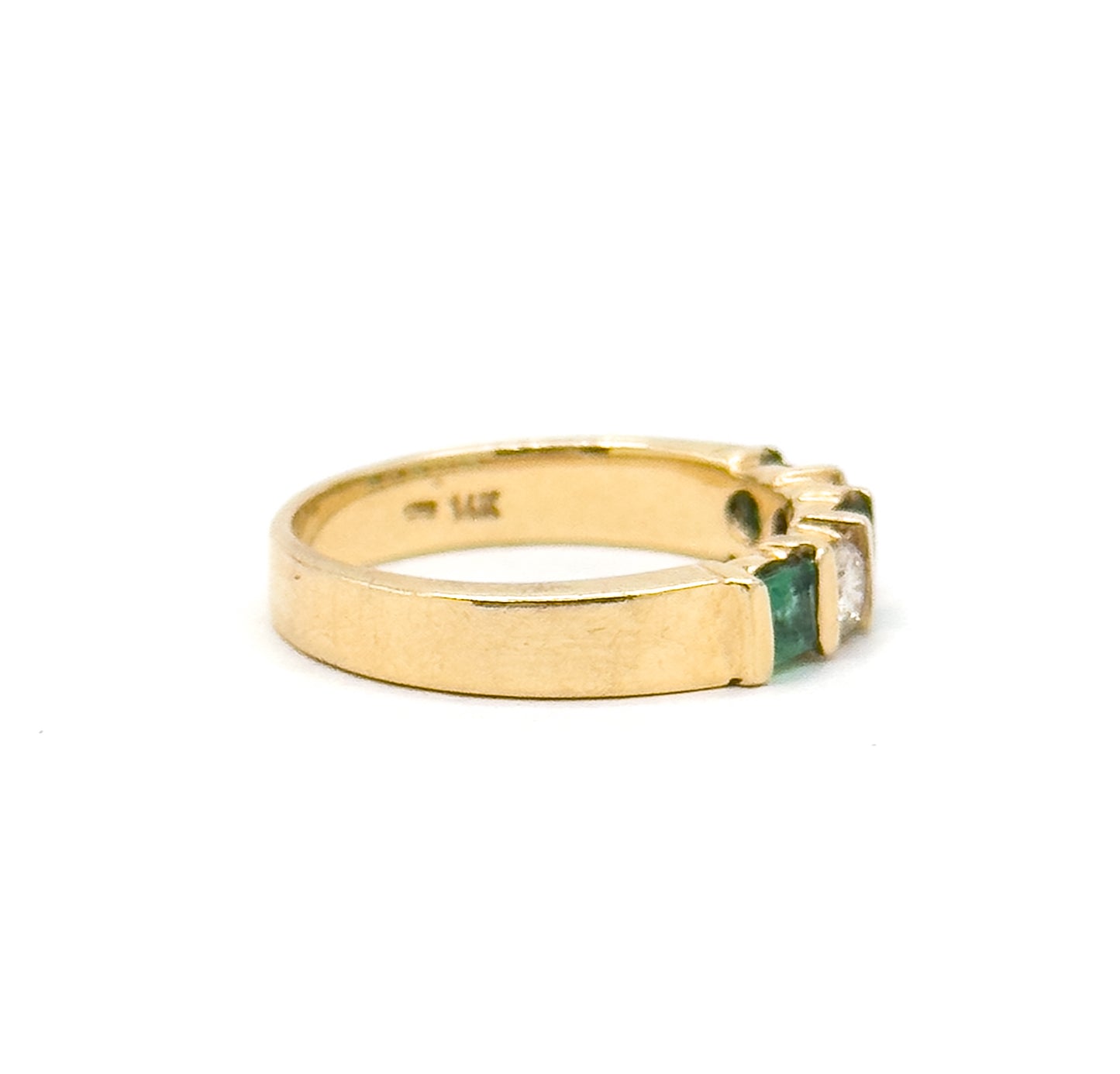 Vintage Princess Cut Emerald & Diamond Band Ring in 14K Yellow Gold